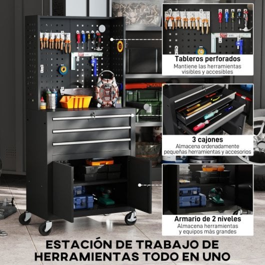 Carrinho de ferramentas Homcom com 3 gavetas e painel perfurado, preto