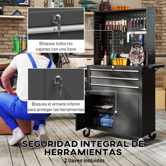 Carrinho de ferramentas Homcom com 3 gavetas e painel perfurado, preto