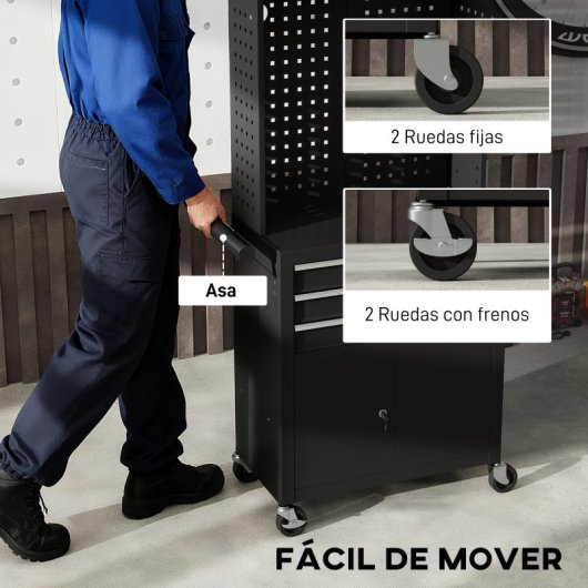 Carrinho de ferramentas Homcom com 3 gavetas e painel perfurado, preto