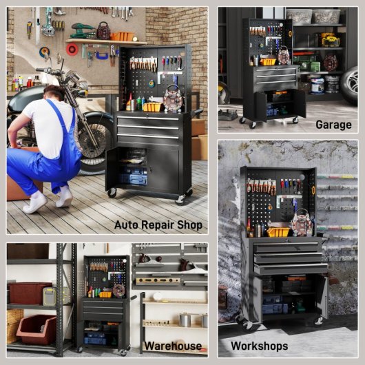 Carrinho de ferramentas Homcom com 3 gavetas e painel perfurado, preto