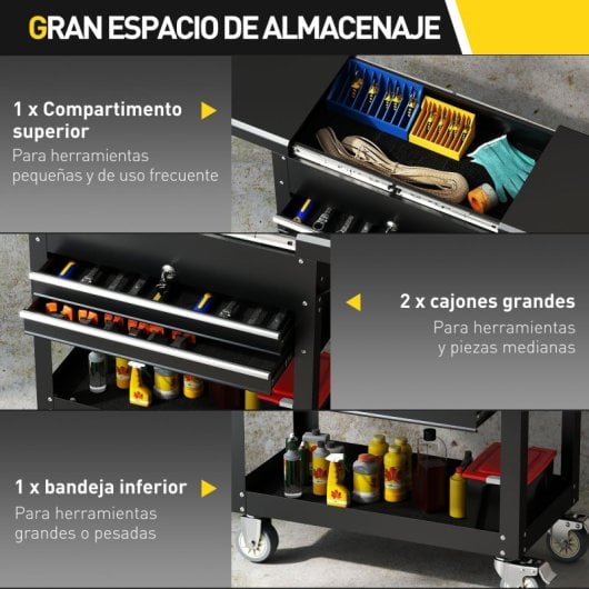 Carrinho de ferramentas Homcom com rodas, tampa deslizante, 2 gavetas, preto