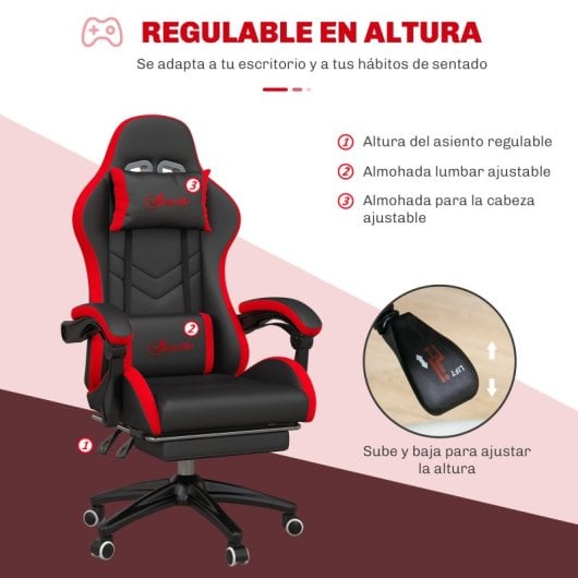 Vinsetto Silla Gaming De Cuero Pu Reclinable 135° Altura Ajustable Negro Y Rojo