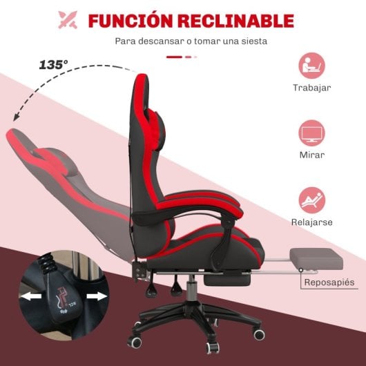 Vinsetto Silla Gaming De Cuero Pu Reclinable 135° Altura Ajustable Negro Y Rojo