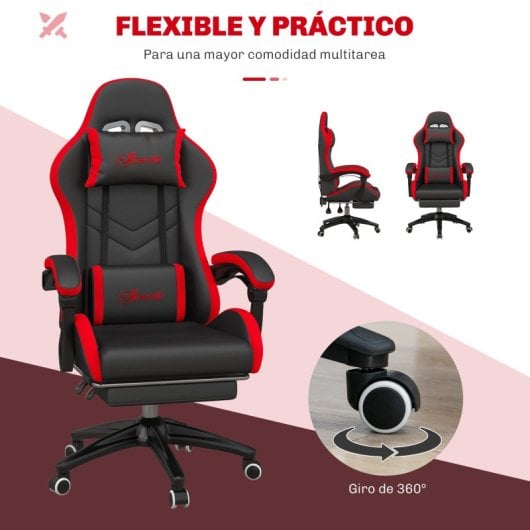Vinsetto Silla Gaming De Cuero Pu Reclinable 135° Altura Ajustable Negro Y Rojo