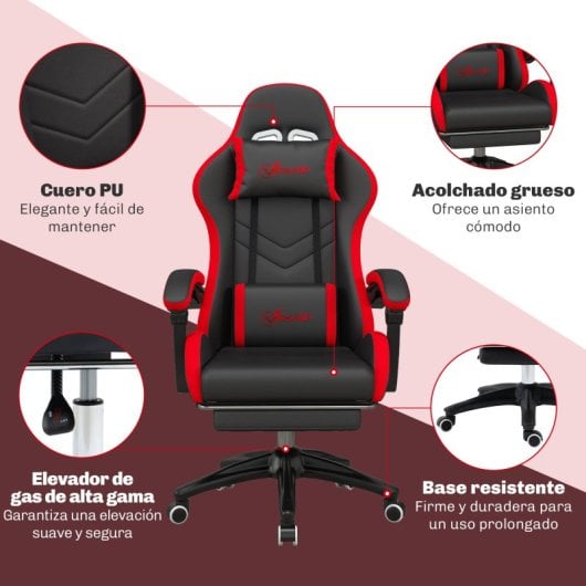 Vinsetto Silla Gaming De Cuero Pu Reclinable 135° Altura Ajustable Negro Y Rojo