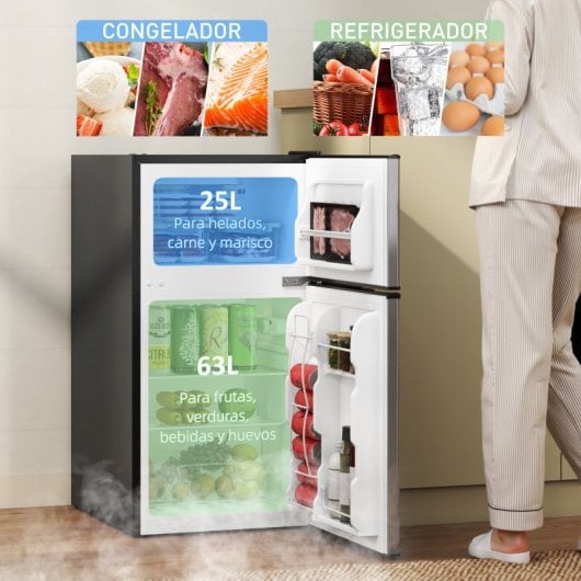 Frigorífico portátil silencioso Homcom Mini Silent de 88 litros, Classe E, com porta reversível, preto.