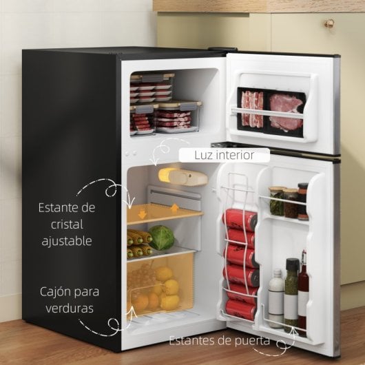 Frigorífico portátil silencioso Homcom Mini Silent de 88 litros, Classe E, com porta reversível, preto.