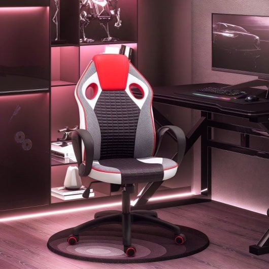 Homcom Cadeira Gaming Ergonómica em PU/Malha com Detalhes Vermelhos