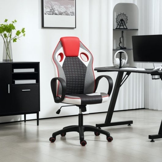 Homcom Cadeira Gaming Ergonómica em PU/Malha com Detalhes Vermelhos