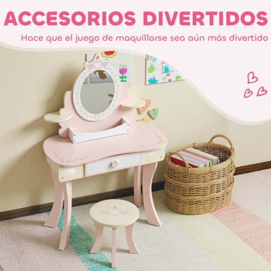 Aiyaplay Tocador Para Niñas Con Taburete Y Espejo 7 Accesorios Rosa