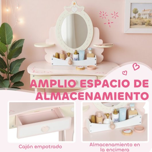 Aiyaplay Tocador Para Niñas Con Taburete Y Espejo 7 Accesorios Rosa