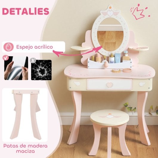 Aiyaplay Tocador Para Niñas Con Taburete Y Espejo 7 Accesorios Rosa