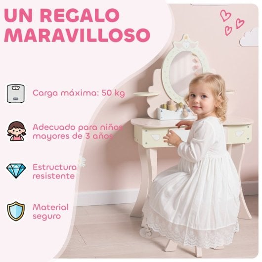 Aiyaplay Tocador Para Niñas Con Taburete Y Espejo 7 Accesorios Rosa