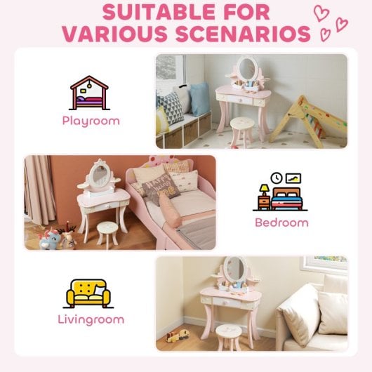Aiyaplay Tocador Para Niñas Con Taburete Y Espejo 7 Accesorios Rosa