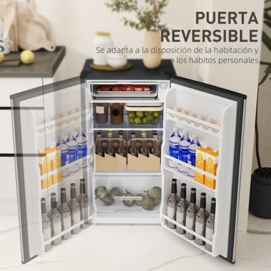 Frigorífico mini silencioso Homcom de 91 litros, Classe E, com prateleiras ajustáveis, preto.