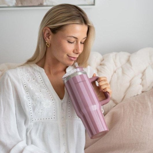 Flamingueo Gobelet Isotherme 1,18L Acier Inoxydable Rose avec Anse et Paille