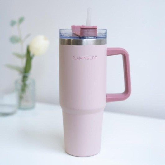 Flamingueo Gobelet Isotherme 0,9L Rose Acier Inoxydable avec Anse et Paille