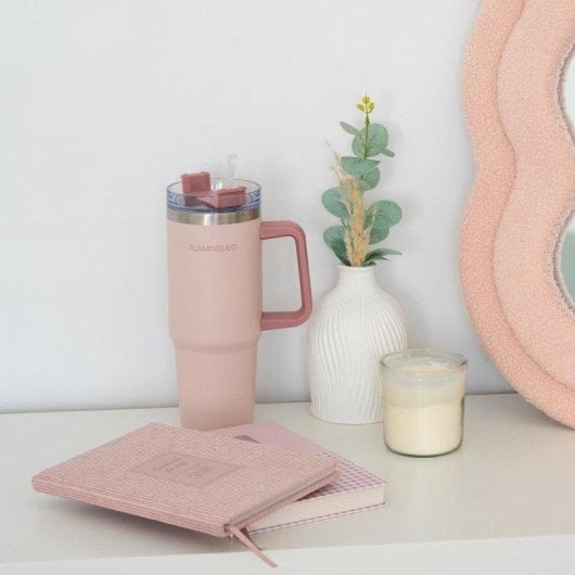 Flamingueo Gobelet Isotherme 0,9L Rose Acier Inoxydable avec Anse et Paille