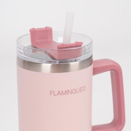 Flamingueo Gobelet Isotherme 0,9L Rose Acier Inoxydable avec Anse et Paille