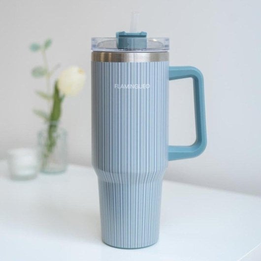 Flamingueo Gobelet Thermique Vert Acier Inoxydable 1,18L avec Anse et Paille