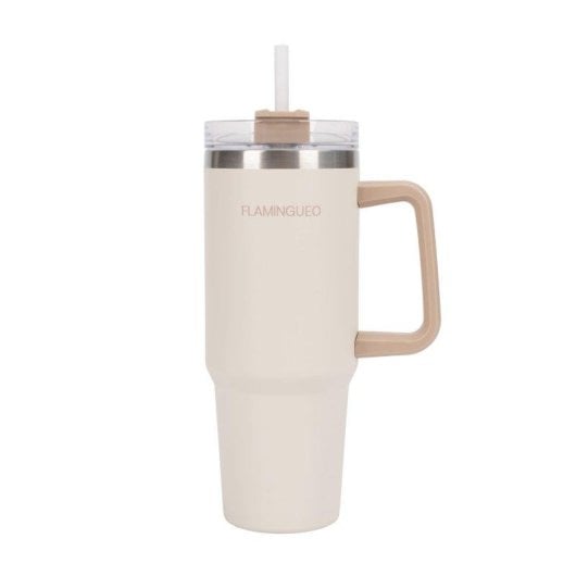 Flamingueo Vaso Termico Beige Acciaio Inox 0,9L con Manico e Cannuccia