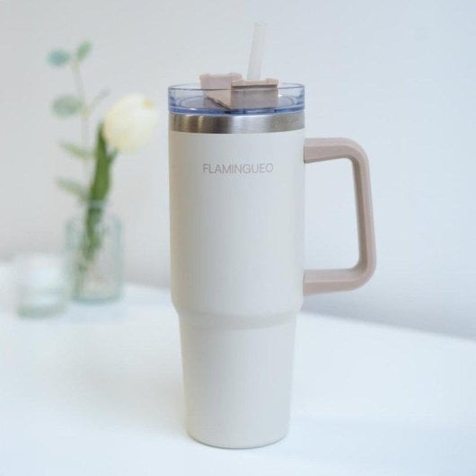 Flamingueo Vaso Termico Beige Acciaio Inox 0,9L con Manico e Cannuccia