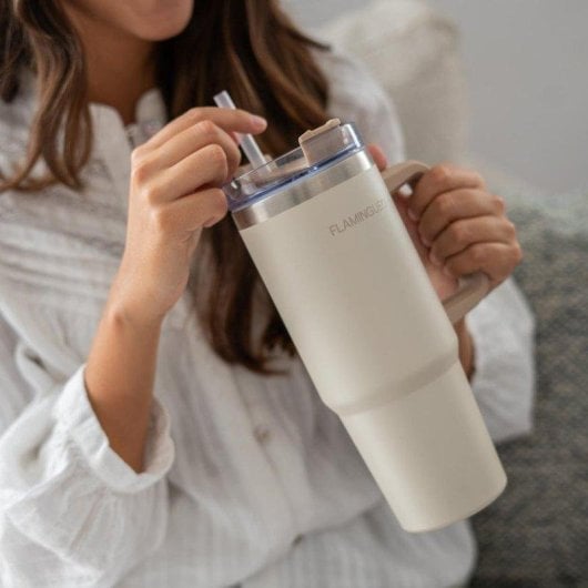 Flamingueo Vaso Termico Beige Acciaio Inox 0,9L con Manico e Cannuccia