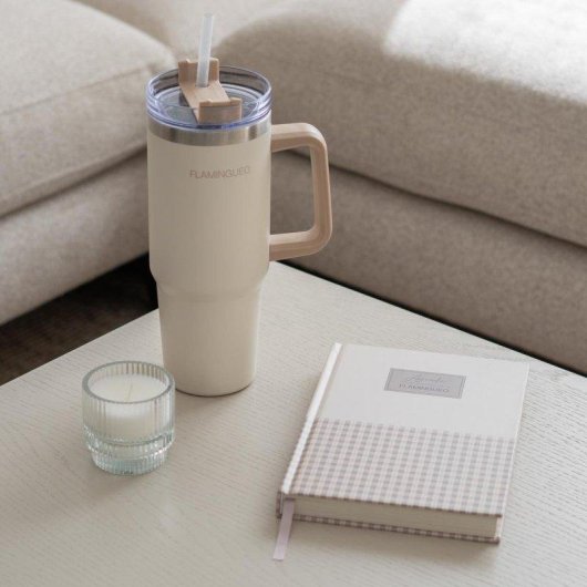 Flamingueo Vaso Termico Beige Acciaio Inox 0,9L con Manico e Cannuccia