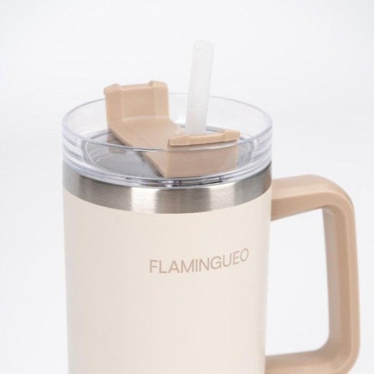 Flamingueo Vaso Termico Beige Acciaio Inox 0,9L con Manico e Cannuccia