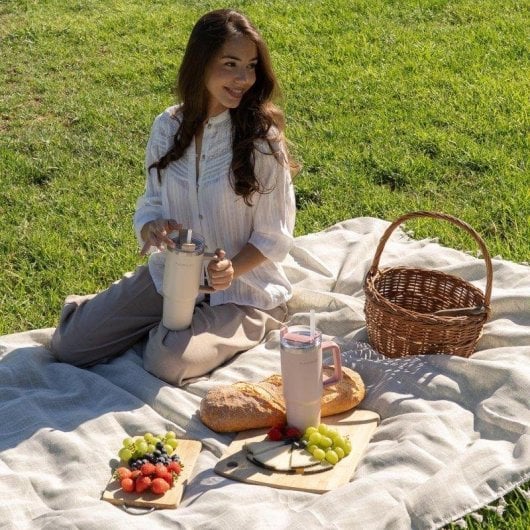 Flamingueo Vaso Termico Beige Acciaio Inox 0,9L con Manico e Cannuccia