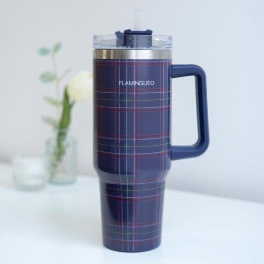 Flamingueo Gobelet Isotherme Inox 1,18L Bleu avec Anse et Paille