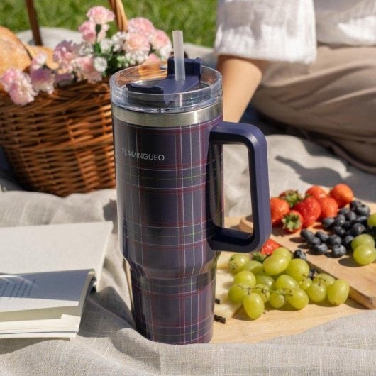 Flamingueo Gobelet Isotherme Inox 1,18L Bleu avec Anse et Paille