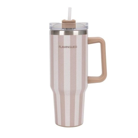 Flamingueo Thermobecher Beige Edelstahl 1,18l mit Henkel und Strohhalm