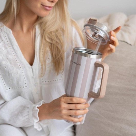 Flamingueo Thermobecher Beige Edelstahl 1,18l mit Henkel und Strohhalm