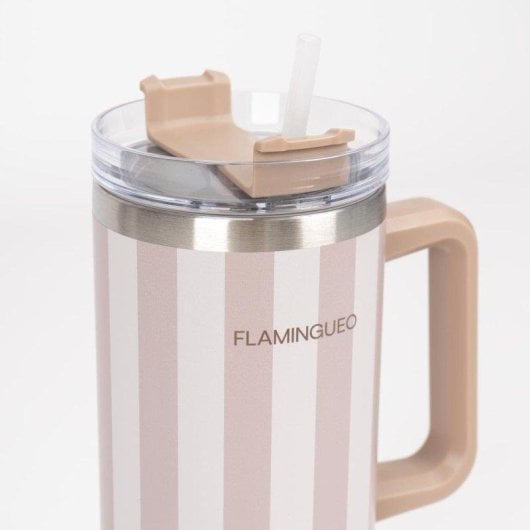 Flamingueo Thermobecher Beige Edelstahl 1,18l mit Henkel und Strohhalm