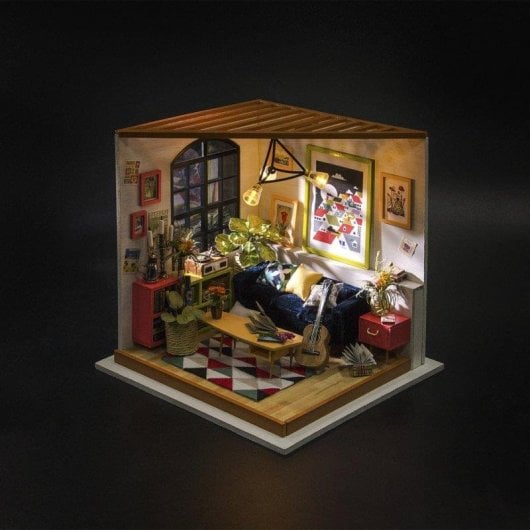 Dam Electronics Sala de estar Locuss Holzpuppenhaus-Bausatz zum Bemalen und Zusammenbauen, 156 Teile