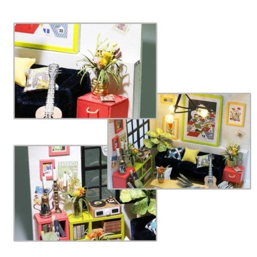 Dam Electronics Sala de estar Locuss Holzpuppenhaus-Bausatz zum Bemalen und Zusammenbauen, 156 Teile