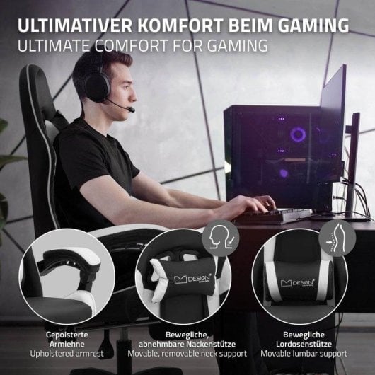 ML-Design Silla gaming ergonómica blanca con reposapiés y cojines