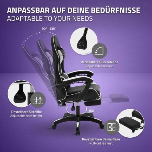 ML-Design Silla gaming ergonómica blanca con reposapiés y cojines