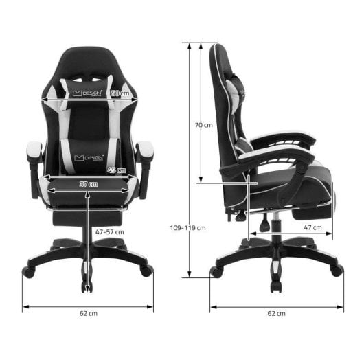 ML-Design Silla gaming ergonómica blanca con reposapiés y cojines