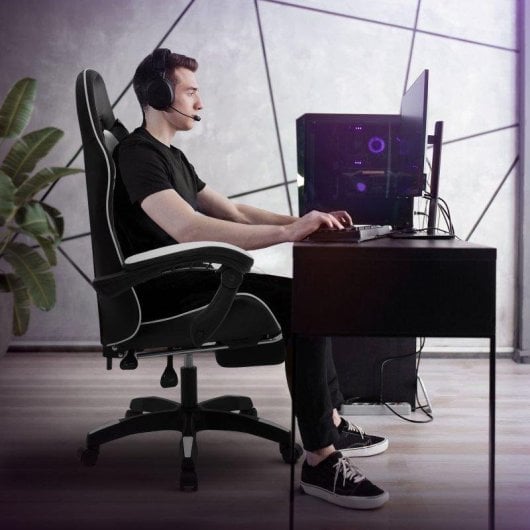 ML-Design Silla gaming ergonómica blanca con reposapiés y cojines