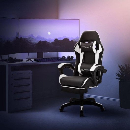 ML-Design Silla gaming ergonómica blanca con reposapiés y cojines