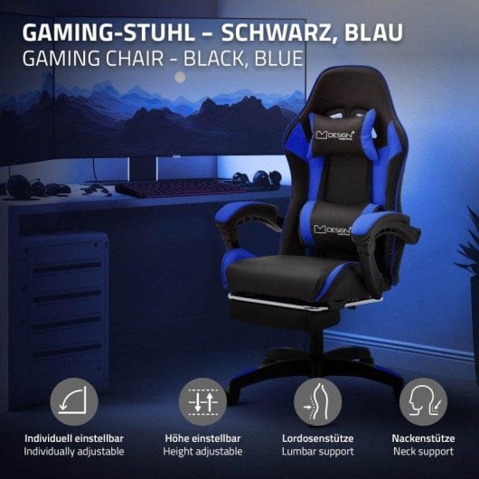 ML Design Silla Gaming Ergonómica Azul con Reposapiernas y Cojines