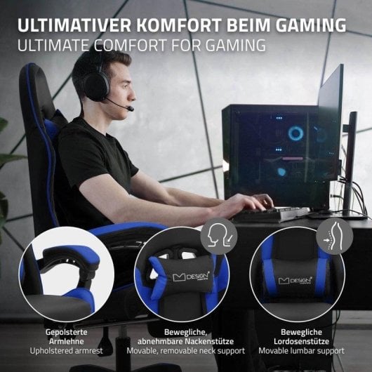 ML Design Silla Gaming Ergonómica Azul con Reposapiernas y Cojines