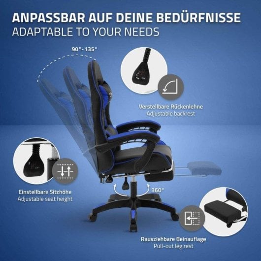 ML Design Silla Gaming Ergonómica Azul con Reposapiernas y Cojines