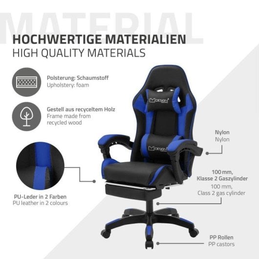 ML Design Silla Gaming Ergonómica Azul con Reposapiernas y Cojines