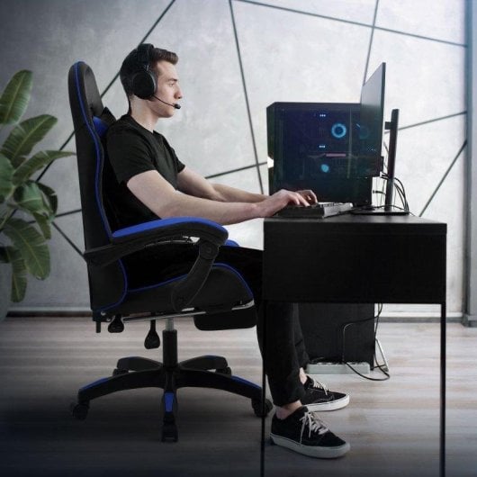 ML Design Silla Gaming Ergonómica Azul con Reposapiernas y Cojines