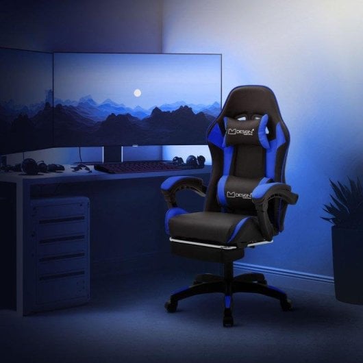 ML Design Silla Gaming Ergonómica Azul con Reposapiernas y Cojines
