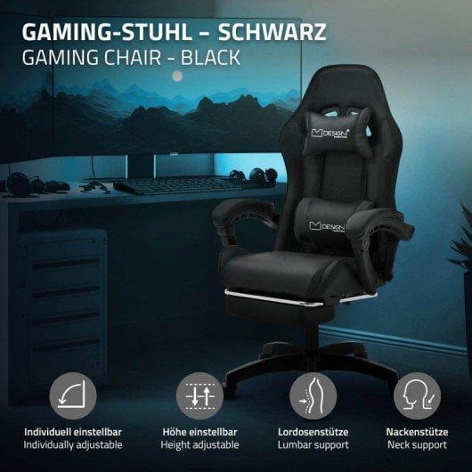 ML Design Silla Gaming Ergonómica Negra con Reposapiés, Cojines Lumbar y Cervical, Reposabrazos y Ajuste 135°