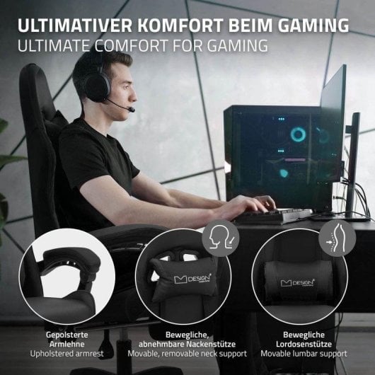 ML Design Silla Gaming Ergonómica Negra con Reposapiés, Cojines Lumbar y Cervical, Reposabrazos y Ajuste 135°